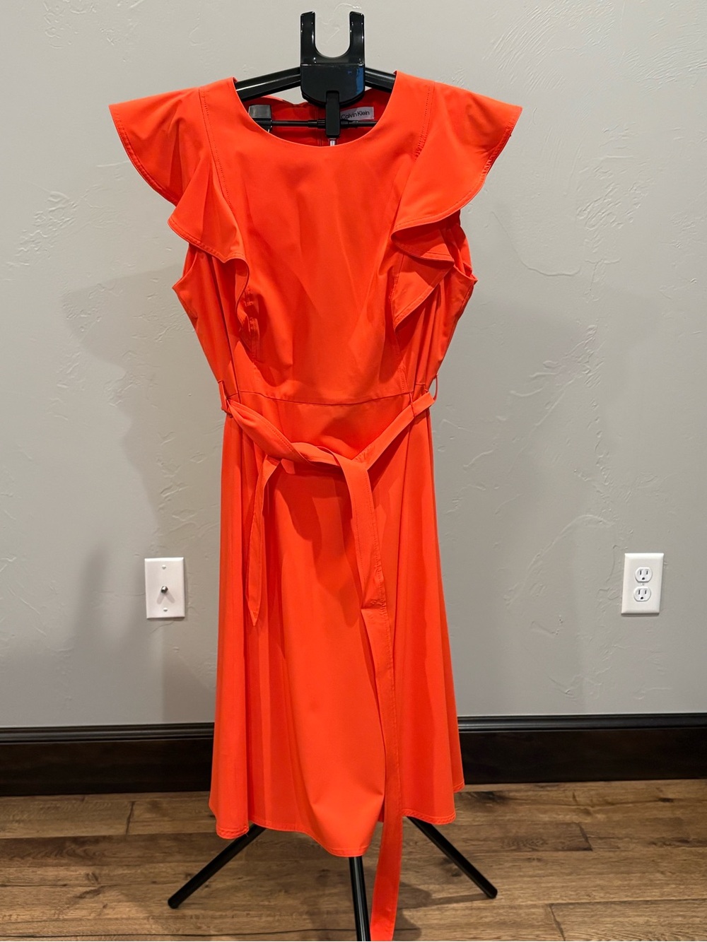 Calvin Klein Bright Orange Flutter-Sleeve Midi Dress with Tie Waist